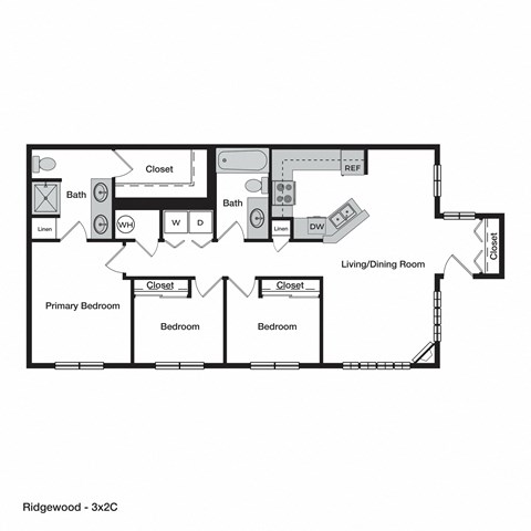 Floor plan for 3 beds, 2 baths, 1599 sqft